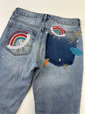 Rainbow Embroidered Jeans Celestial Galaxy Alien Rainbow Jeans Size 24 Spacecore